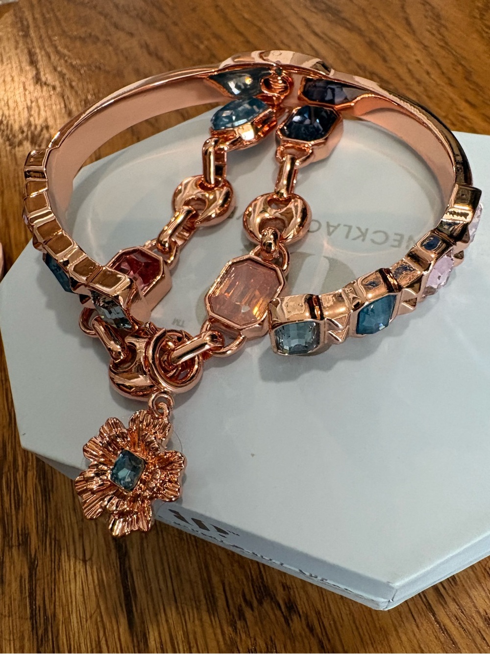Rose Gold Crystal Link Bracelet with Blue and Pink Accents
